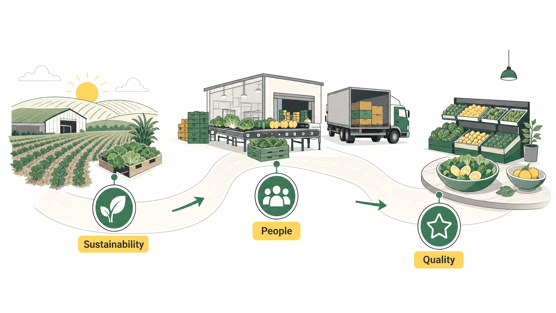 Infographic roadmap highlighting storytelling elements like sustainability, people, and quality in branding.