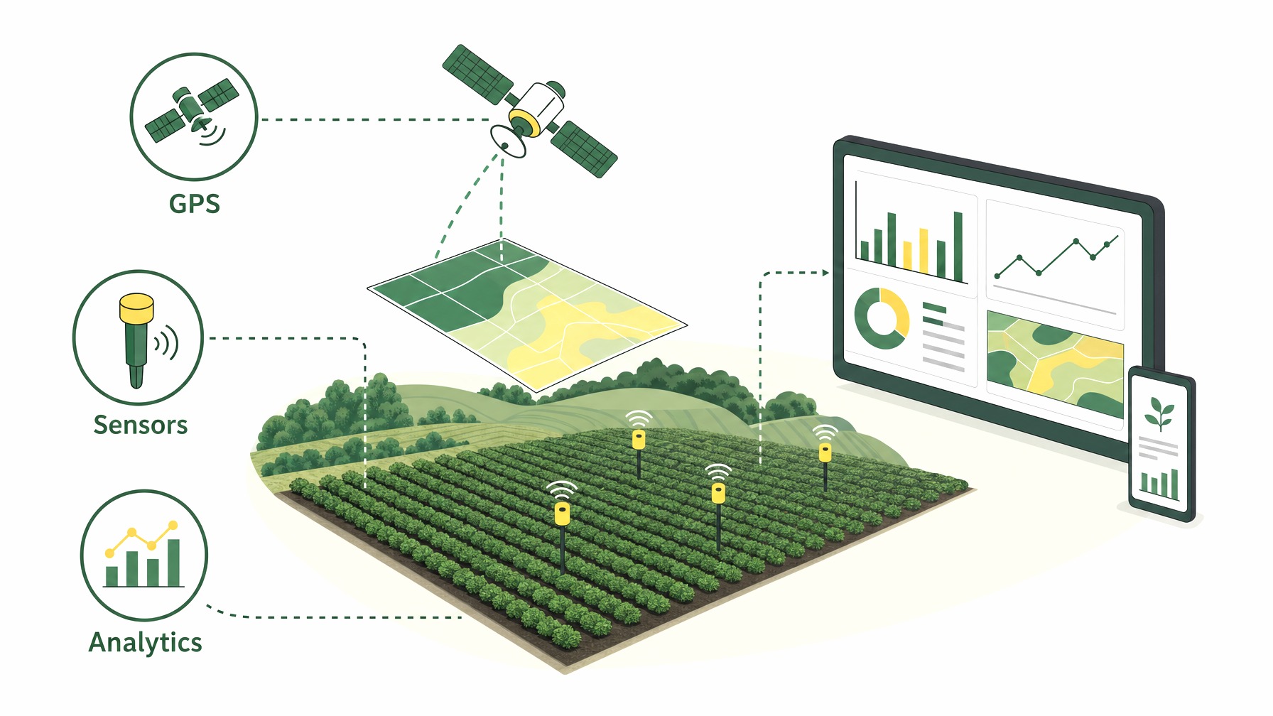Precision agriculture technologies infographic with GPS, sensors, and analytics.