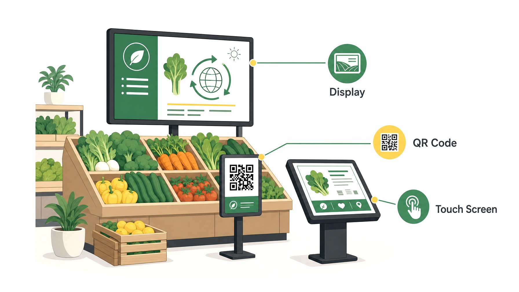 Infographic of interactive store display for sustainable produce.