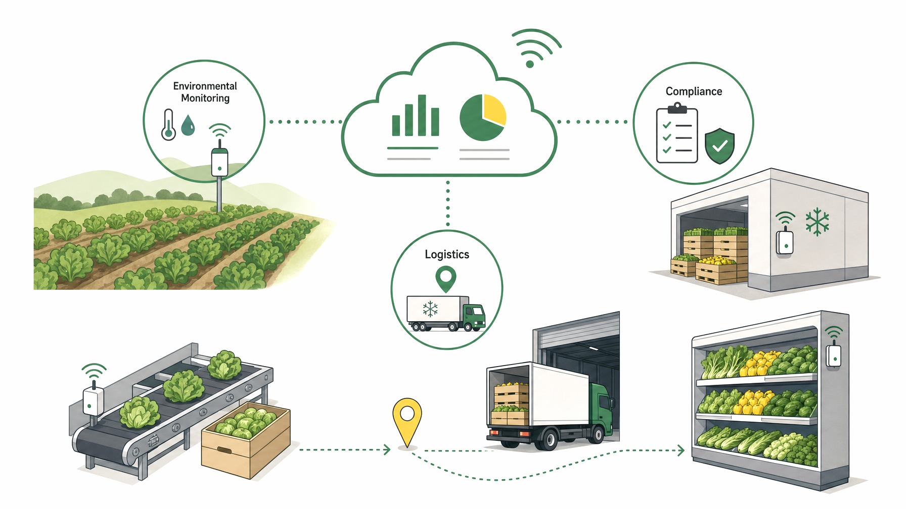 Infographic of IoT devices monitoring produce safety with sensors and logistics.