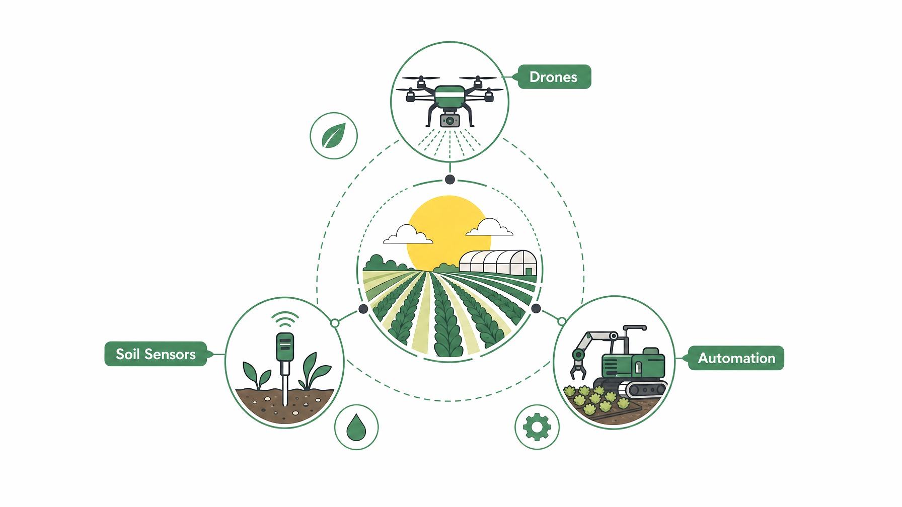 Infographic showing tech advancements in organic farming with drones and sensors.