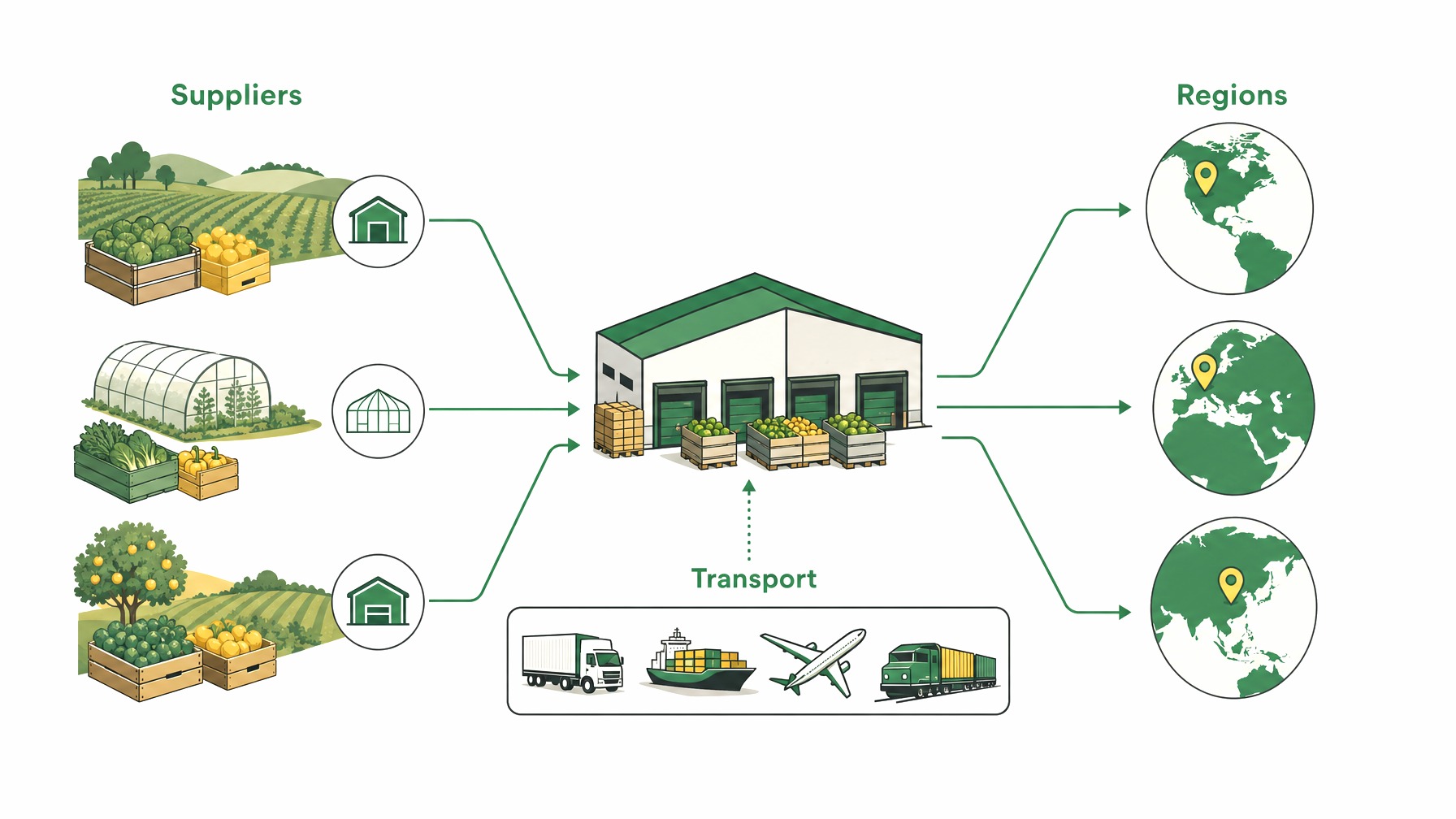 Diversified supply sources in produce supply chain with regions and transport methods.