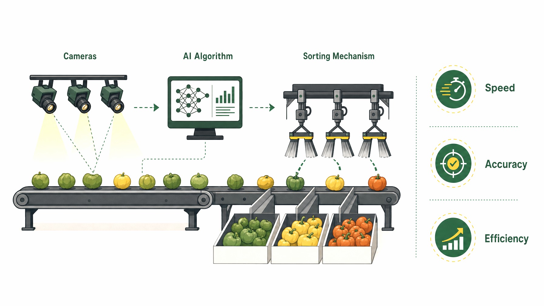 Infographic of an AI-driven automated sorting system with labeled components and benefits.