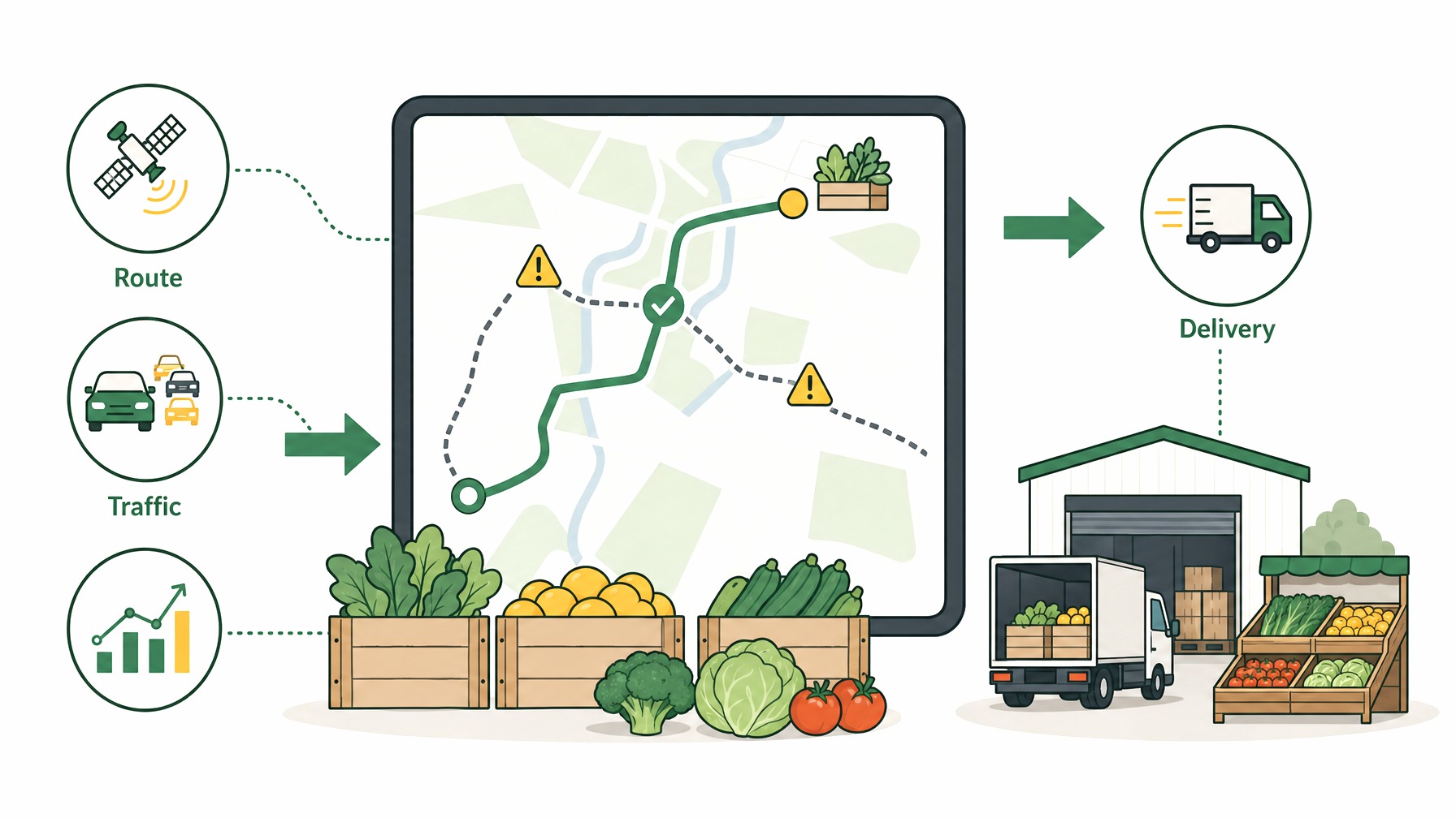 Infographic illustrating optimized route planning for produce distribution.
