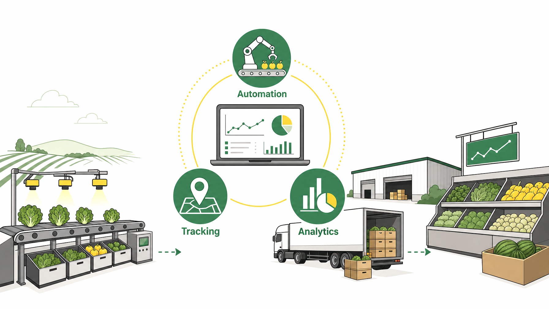 Infographic showing technology integration in produce distribution.