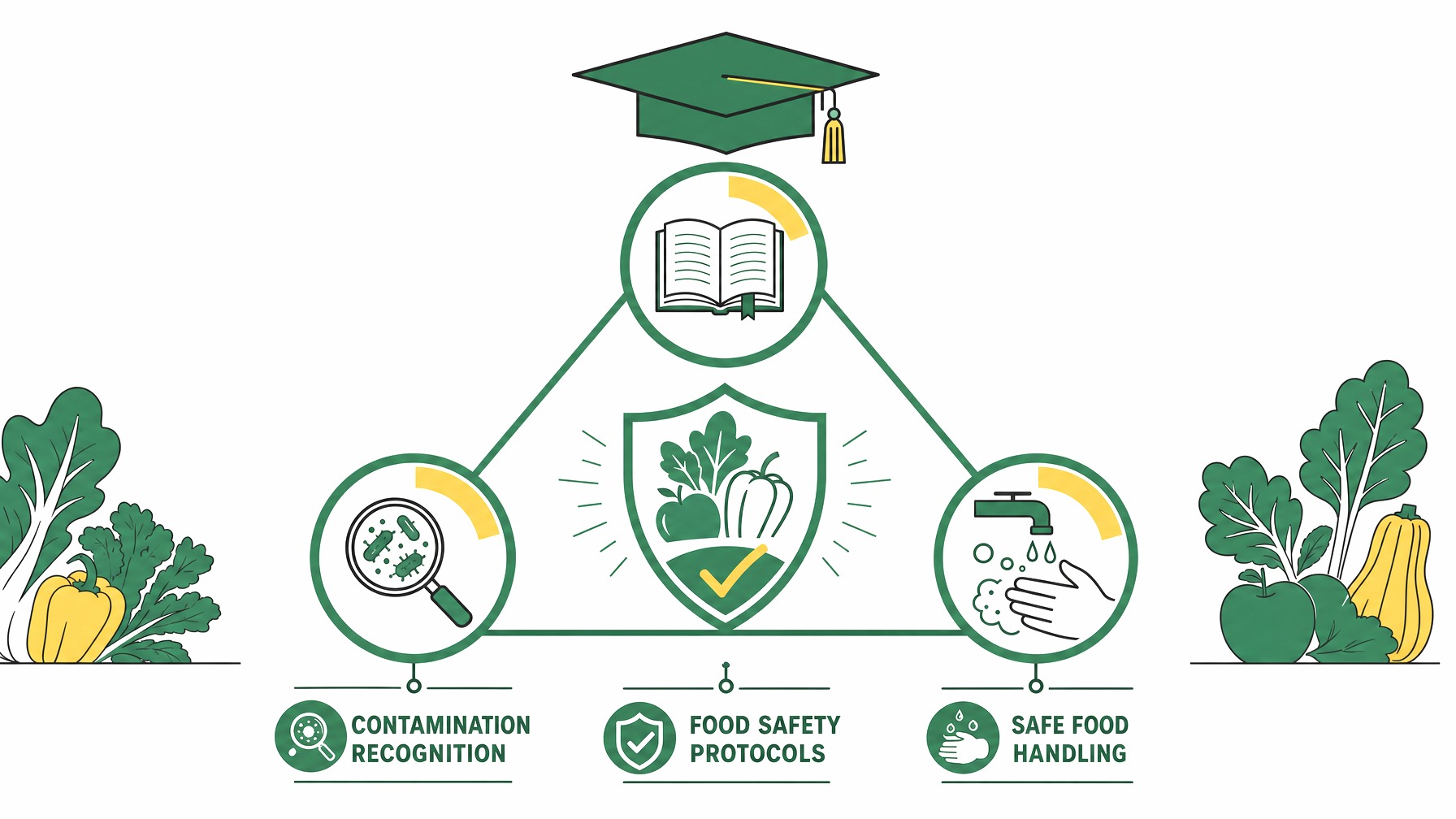Triangle chart showing consumer education areas: safety protocols, contamination recognition, safe handling.