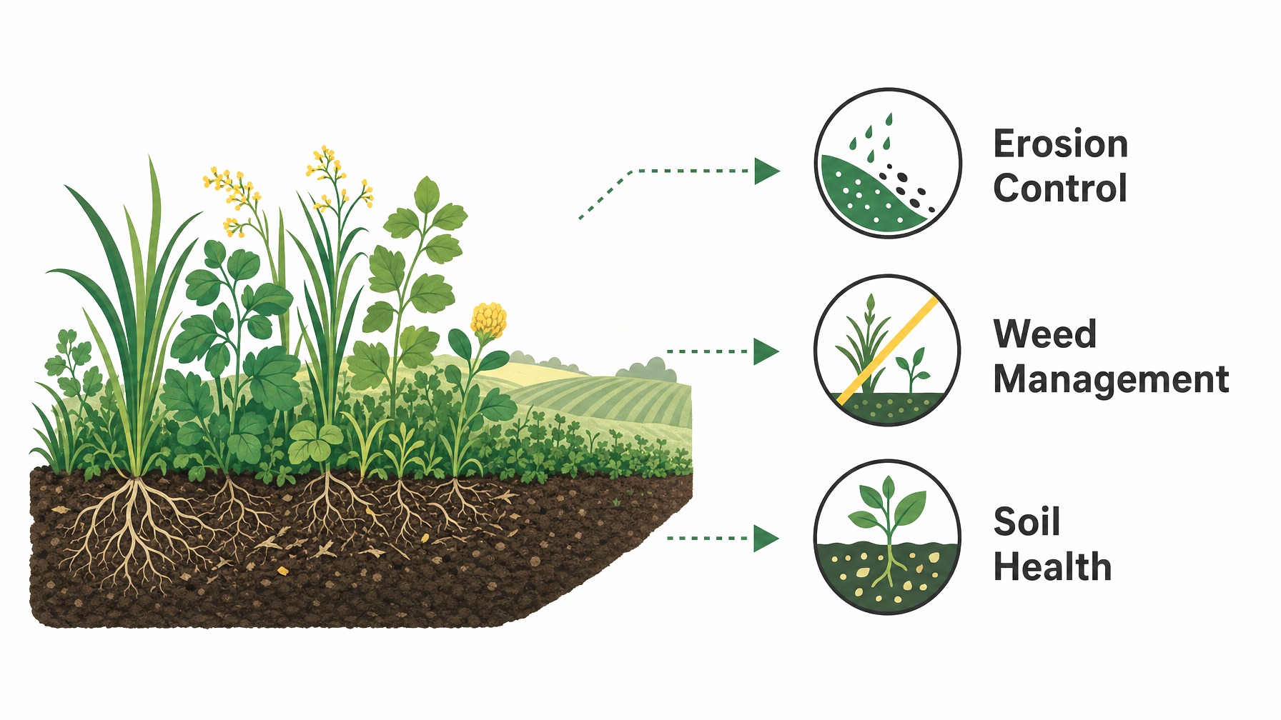 Infographic illustrating benefits of using cover crops in organic farming.