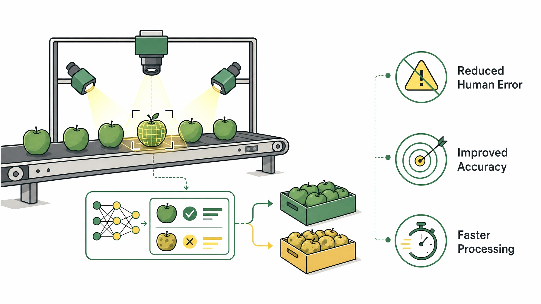 Infographic illustrating computer vision systems in produce inspection.