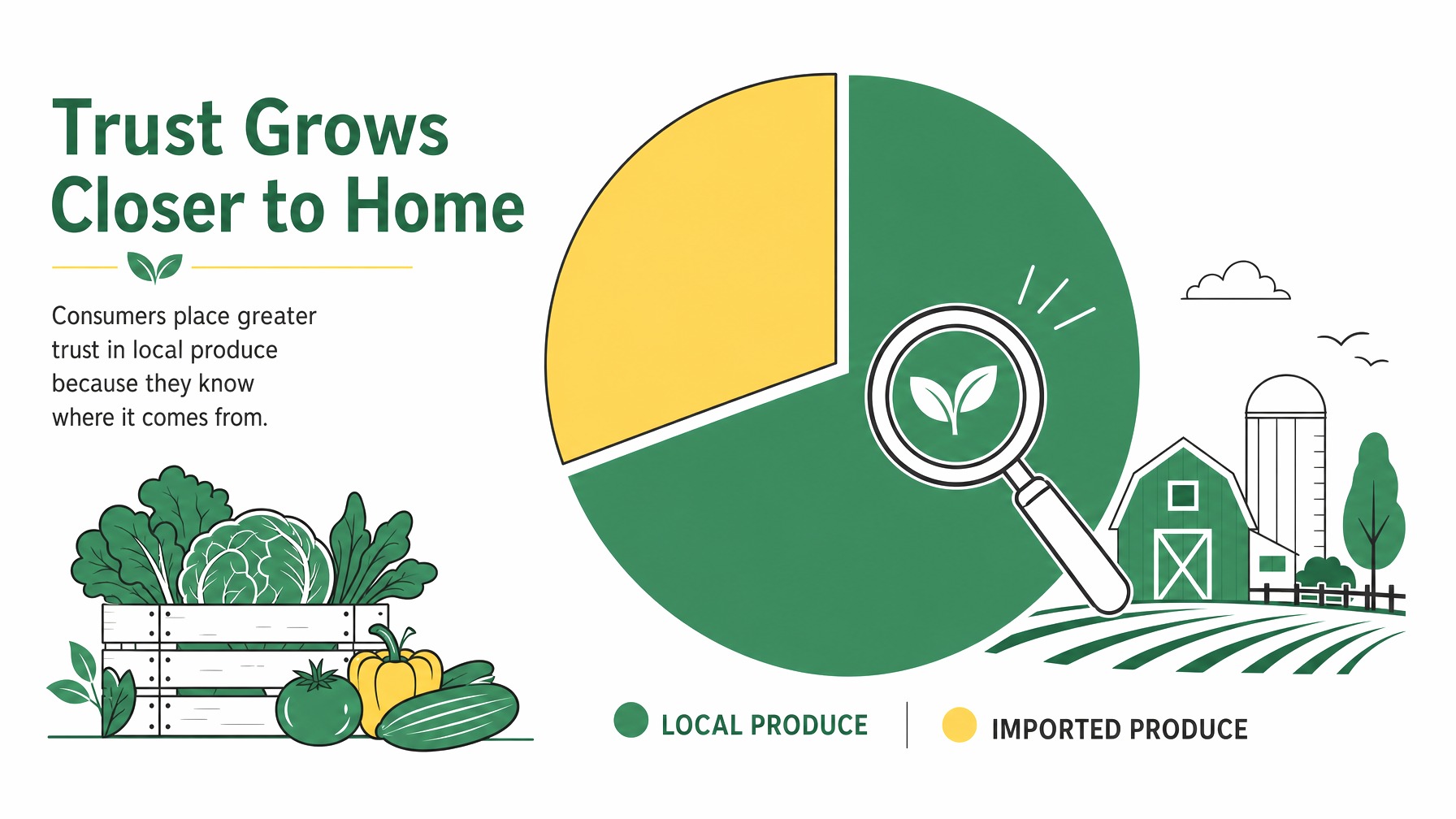 Pie chart showing 70% trust in local produce versus 30% in imported.