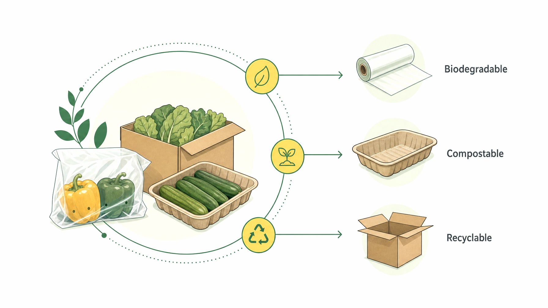 Infographic of sustainable packaging solutions in produce industry.