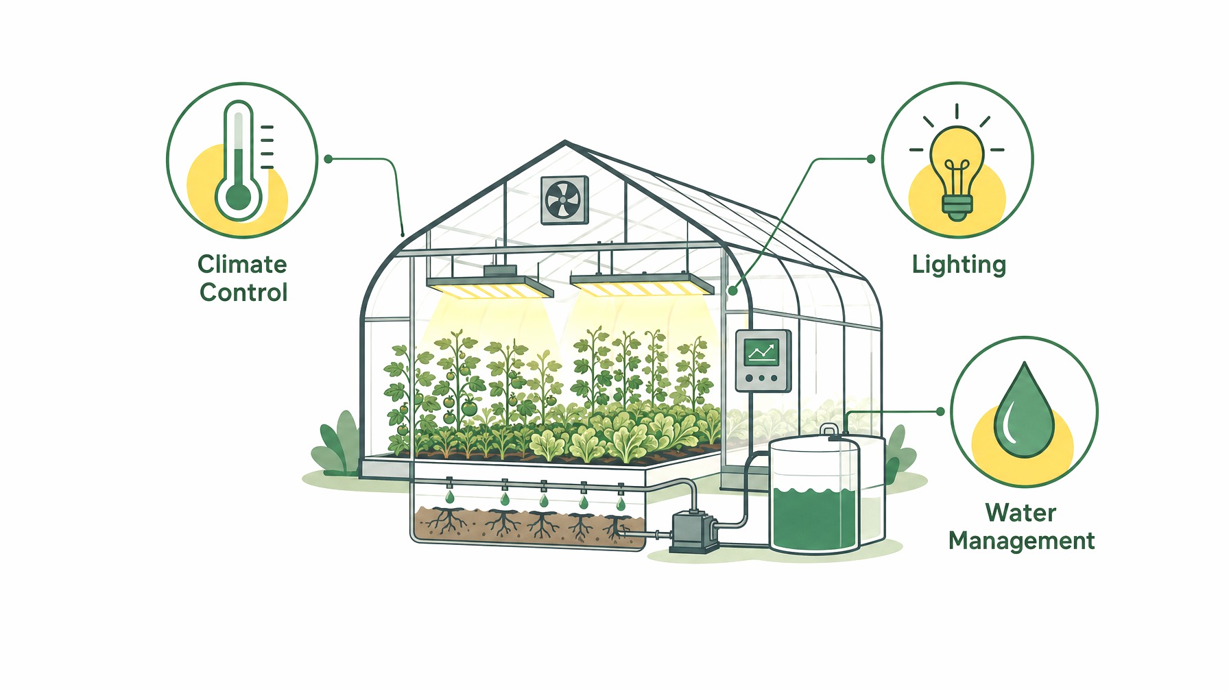 Infographic depicting key innovations in greenhouse technology.