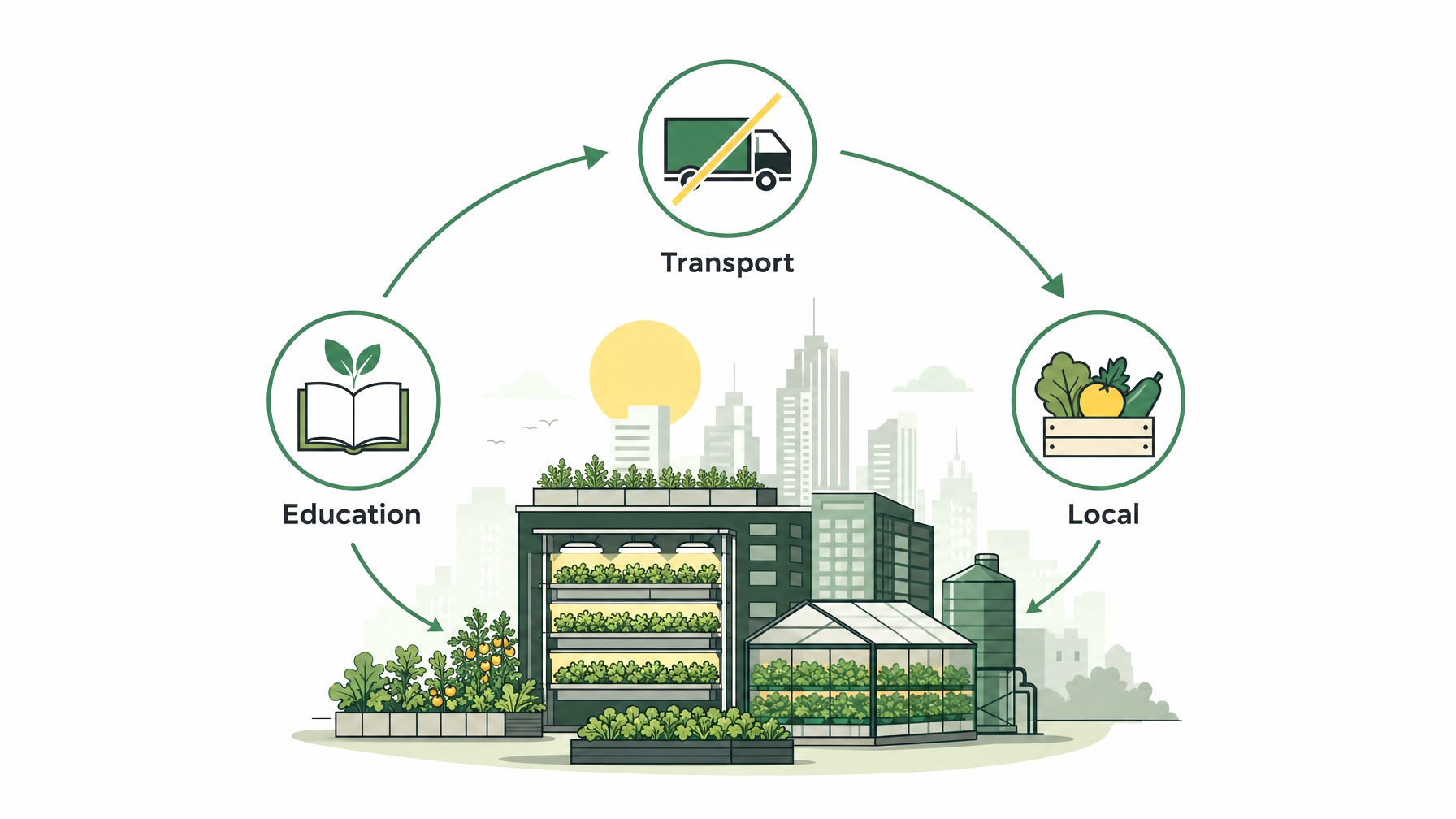 Infographic showing urban farming benefits like reduced transport and local production.