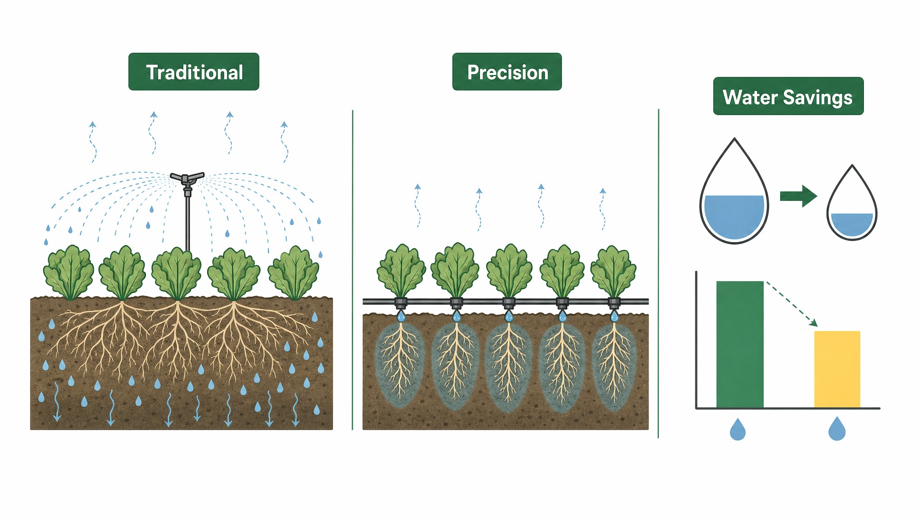 Infographic comparing traditional and precision irrigation systems.