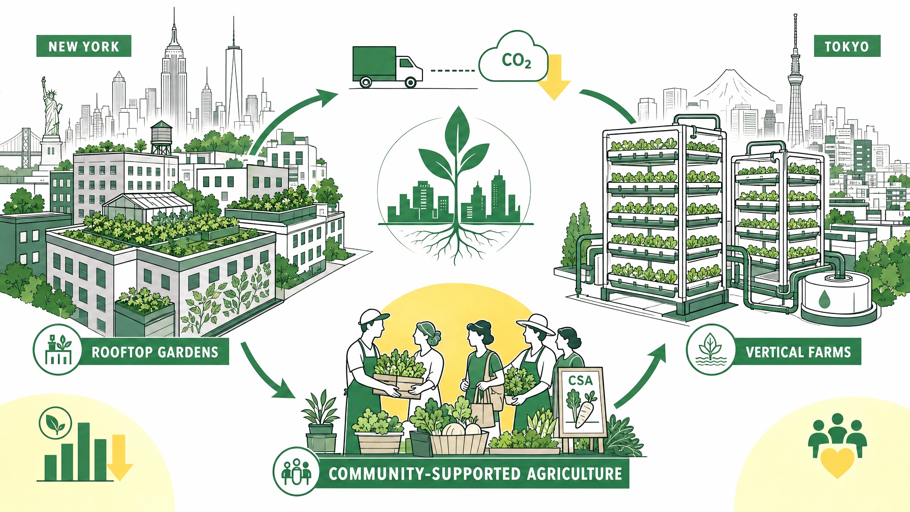 Diagram of urban agriculture parts: rooftop gardens, vertical farms, community efforts in cities.