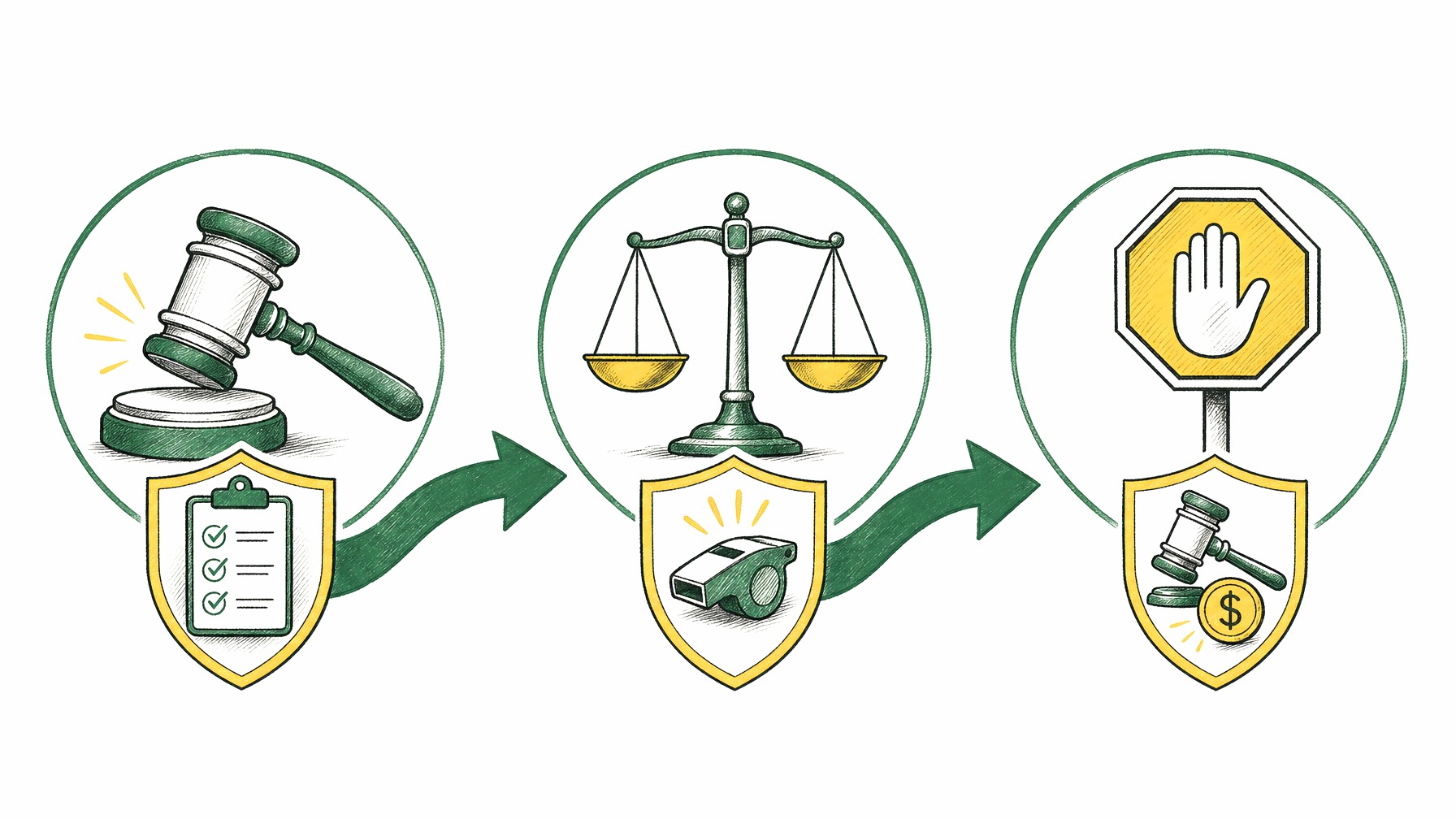 Flow chart of creating legal frameworks: standards, whistleblowers, penalties.