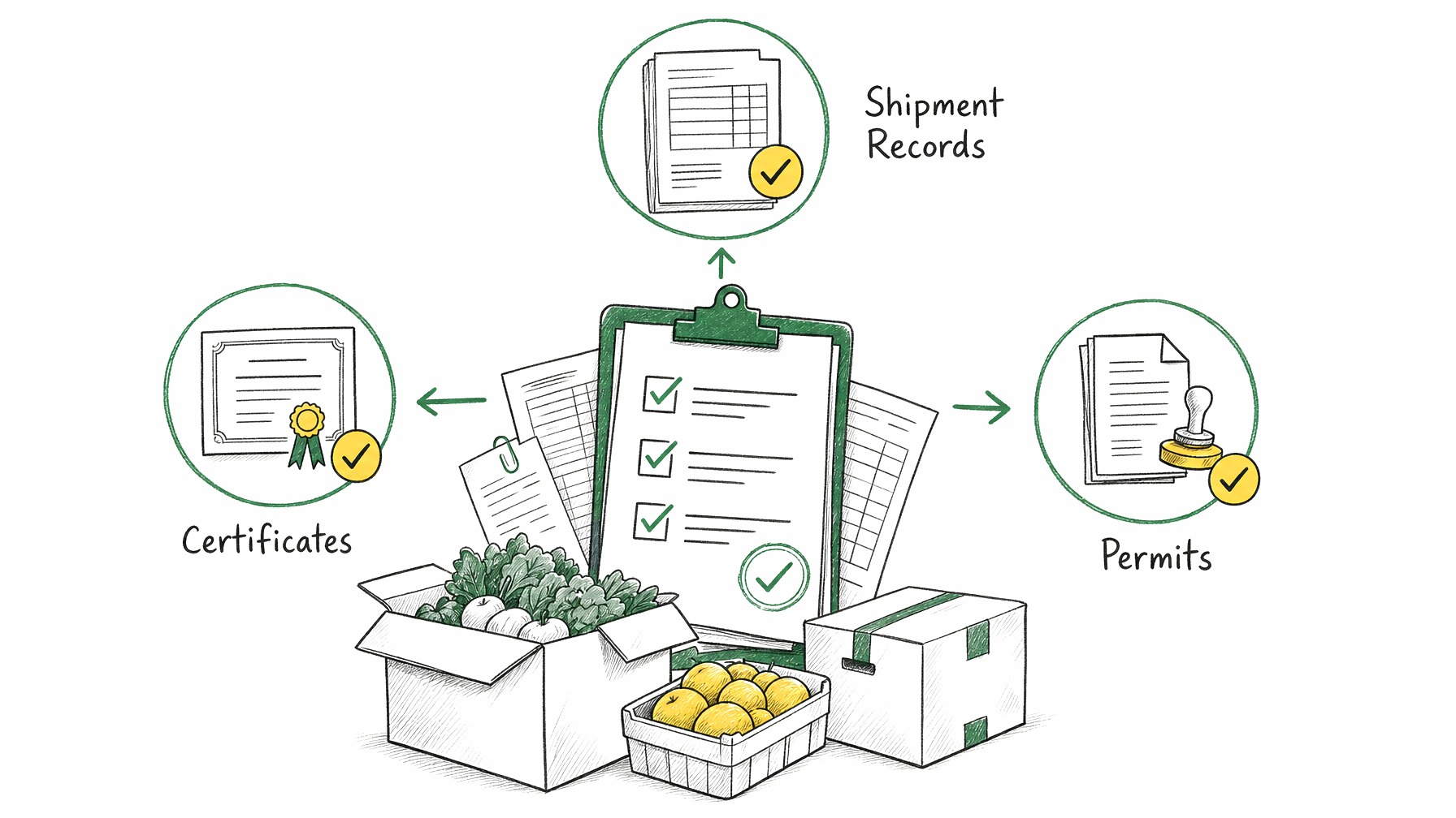 Diagram showing elements of robust documentation practices in produce trade.