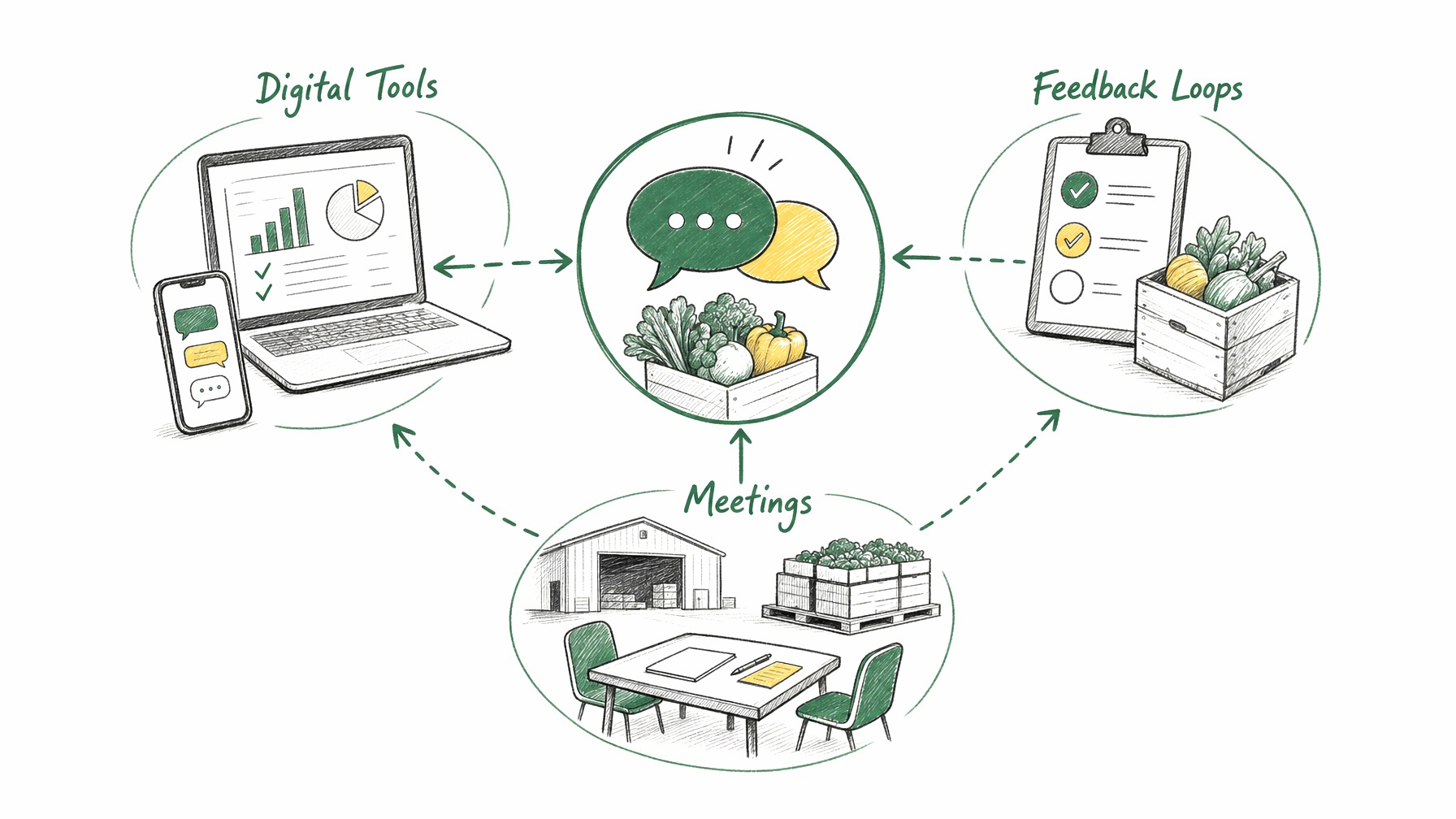 Infographic of communication channels in produce trade with digital tools, feedback loops, and meetings.