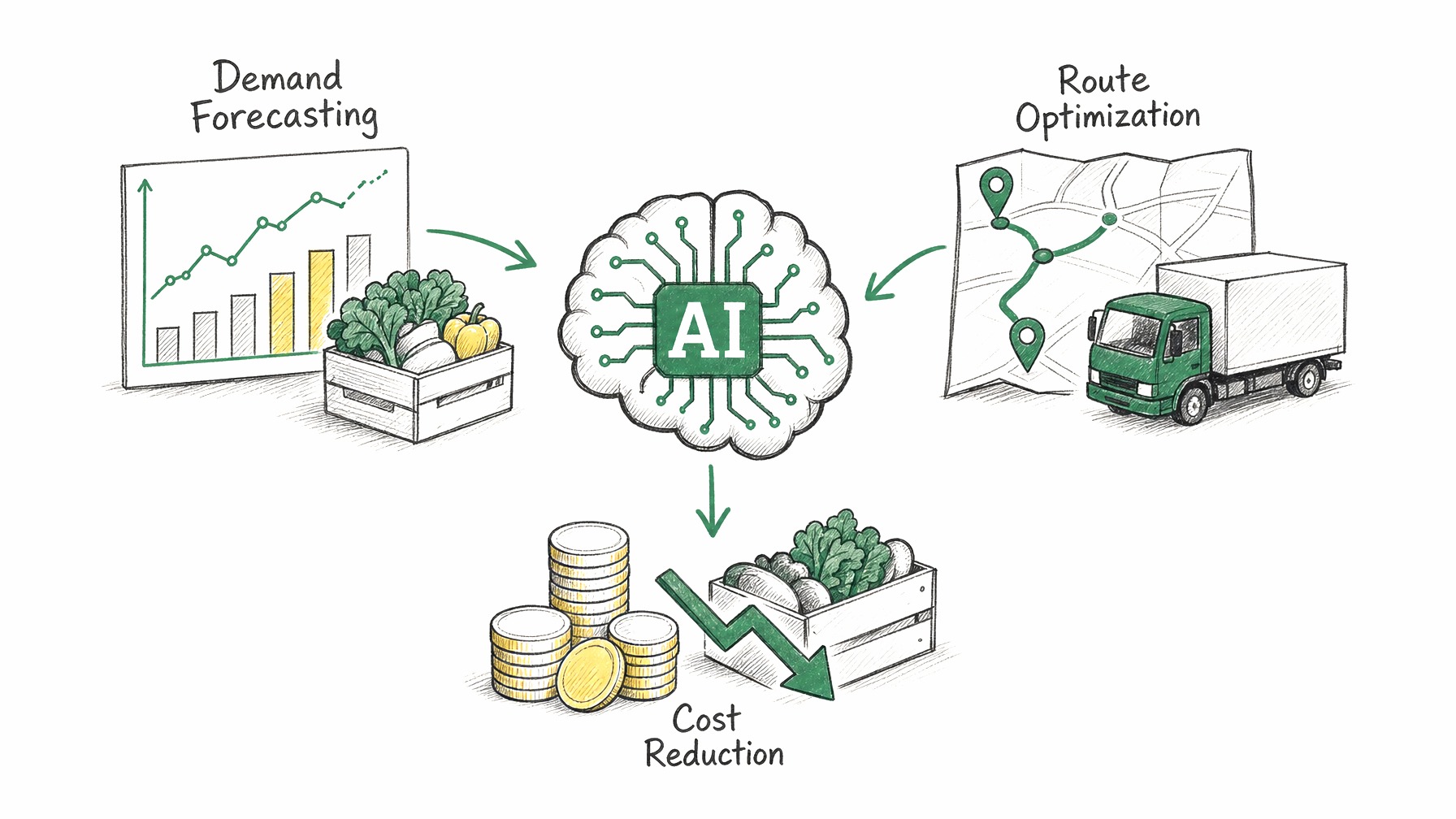 Infographic illustrating AI applications in produce distribution, including demand forecasting and route optimization.