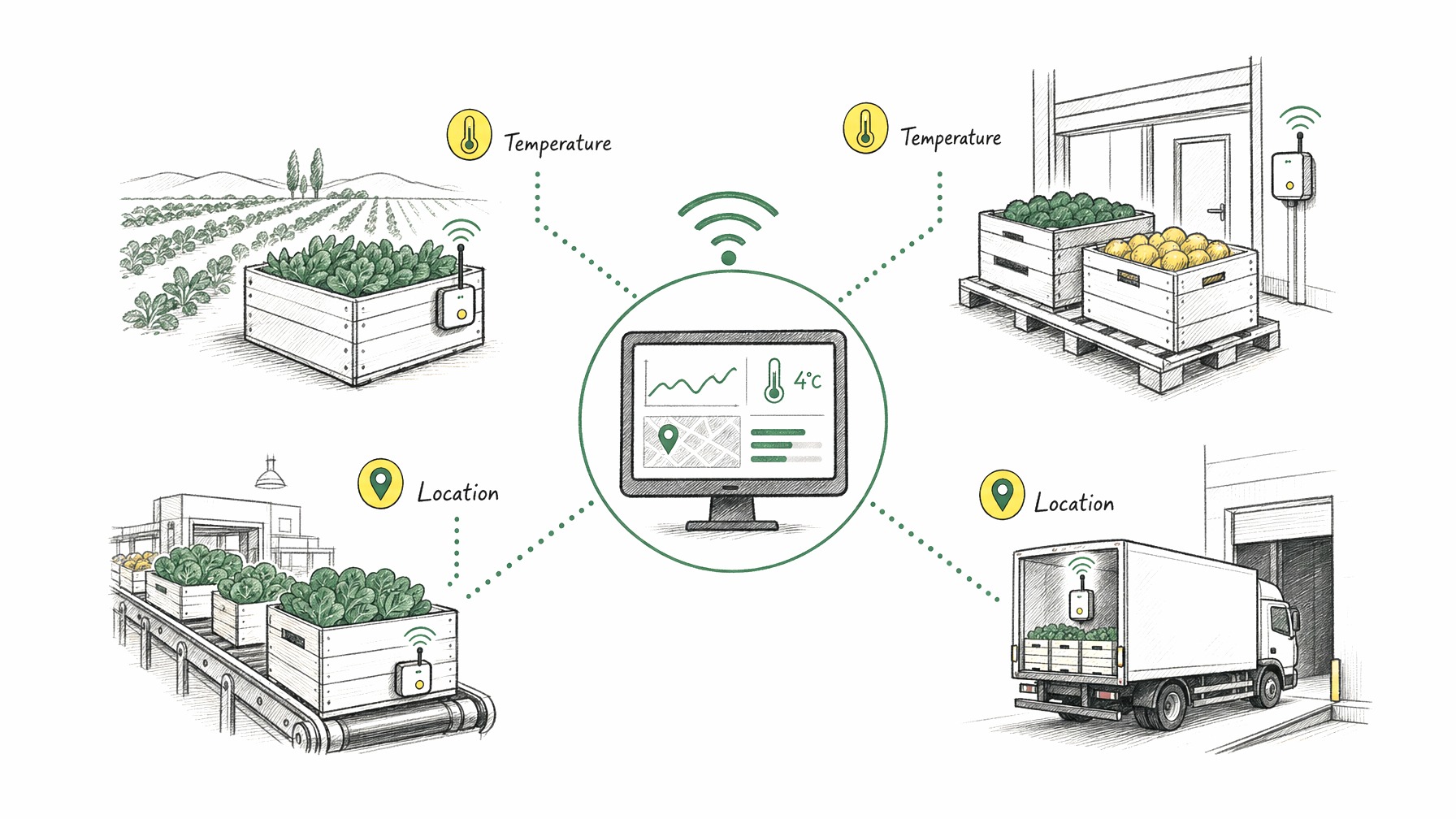Infographic depicting IoT applications in produce distribution, showing sensors and data connectivity.
