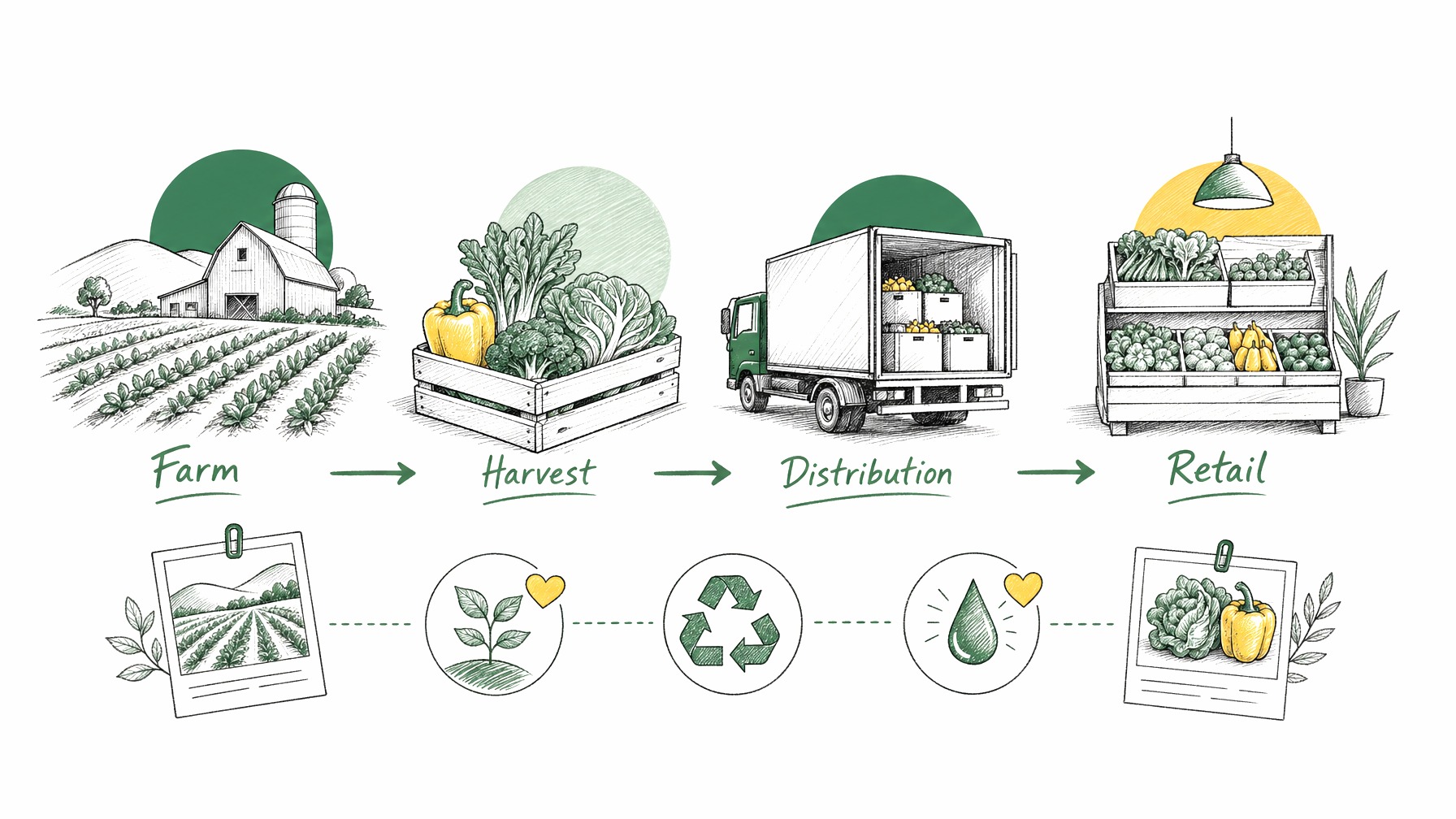 Infographic illustrating the farm-to-table journey of produce with storytelling elements.