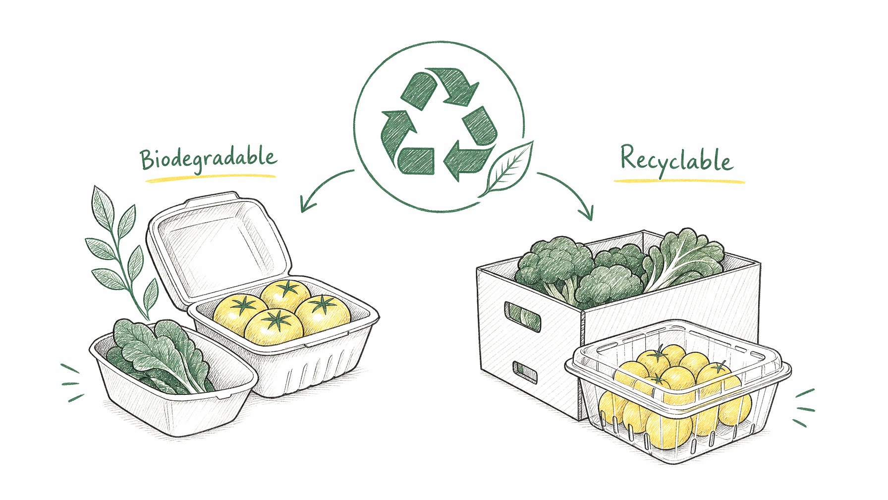 Diagram of eco-friendly packaging options for produce.